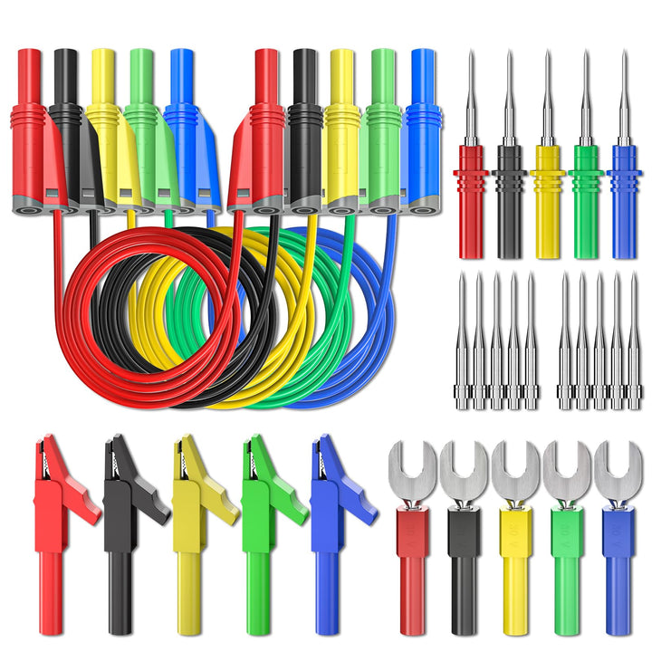 5PCS Banana Plug Silicone Test Leads Kit 4mm Fully Insulated Safety Shrouded Stackable Banana Plug with Alligator Crocodile Clips Test Fork Back Probe Pins for Multimeter