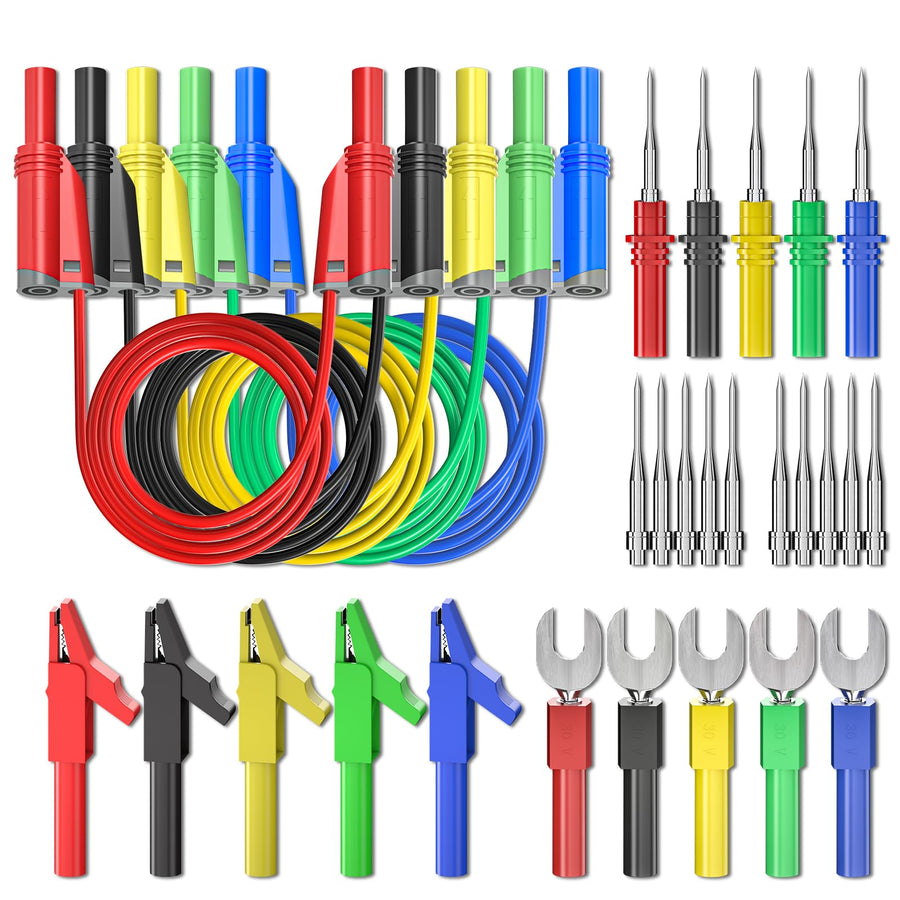 5PCS Banana Plug Silicone Test Leads Kit 4mm Fully Insulated Safety Shrouded Stackable Banana Plug with Alligator Crocodile Clips Test Fork Back Probe Pins for Multimeter