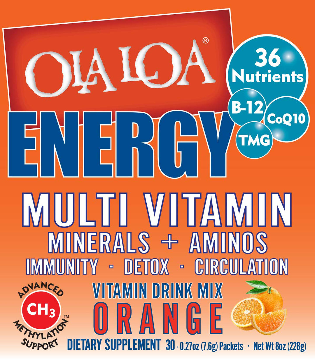 Energy Orange Multi Vitamin Drink Mix - Amino Energy Powder, Gluten Free, Detox, Dairy Free, Caffeine Free - Drink Your Vitamins for The Rigors of Daily Life - 30 Packets (8.25oz)