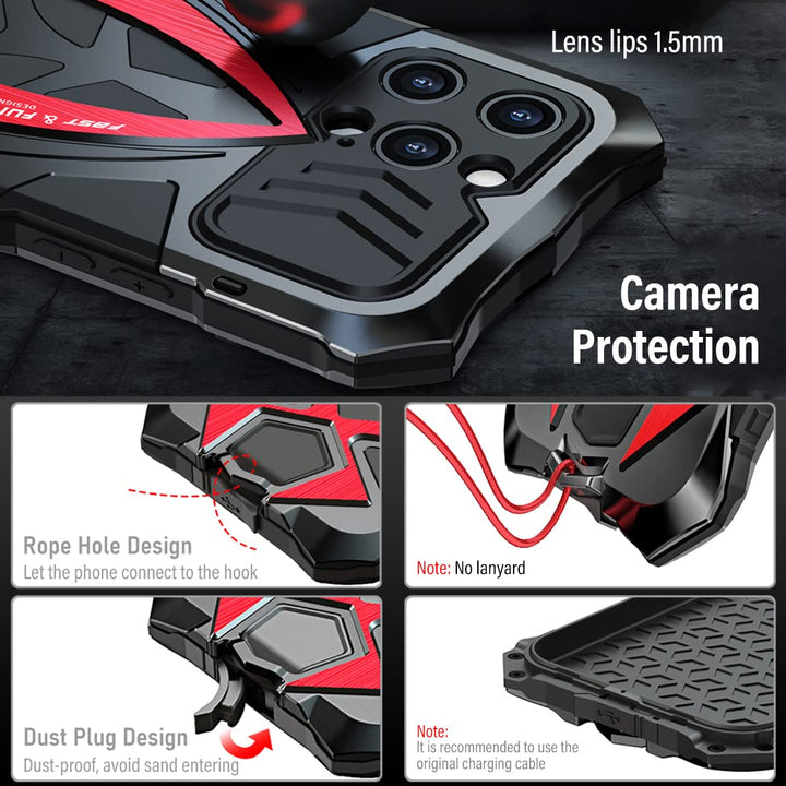Armor Phone Case for iPhone 14 Pro Max Military Grade Cover 360 Full Protection Heavy Duty Hybrid Metal Bumper Built-in Silicone Shockproof with Screen Protector - Black + Red