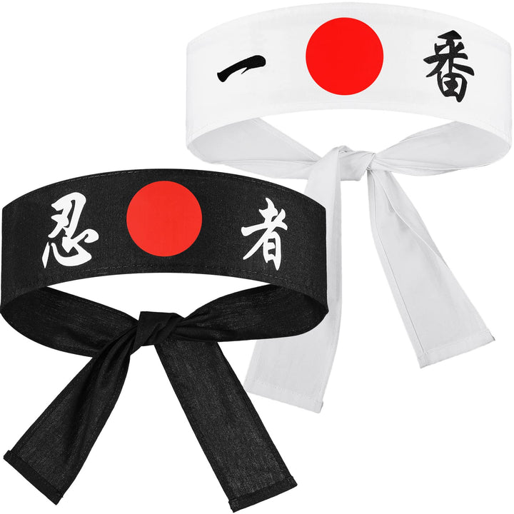 Bushido Hachimaki Headband 2 Pieces Samurai Japanese Headband Sushi Chef Bandana Tie on Costume Headwear for Karate Sports Cooking Kitchen Supply (Character), White