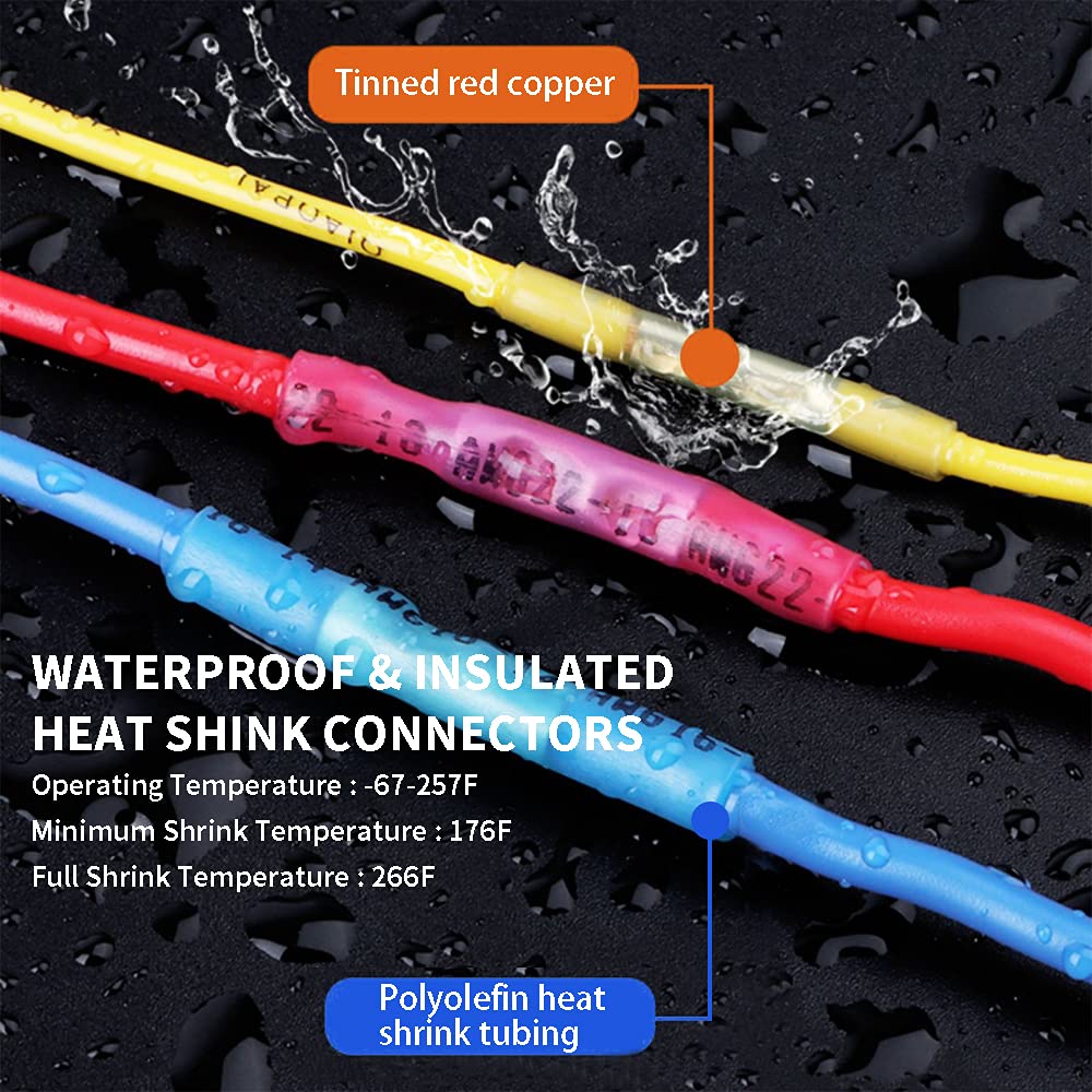 Heat Shrink Butt Connectors, 26-24 AWG 100 Pcs Clear Marine Grade Insulated Crimp Wire Connectors, Waterproof Electrical Connectors Butt Splice for Boat Truck Wiring
