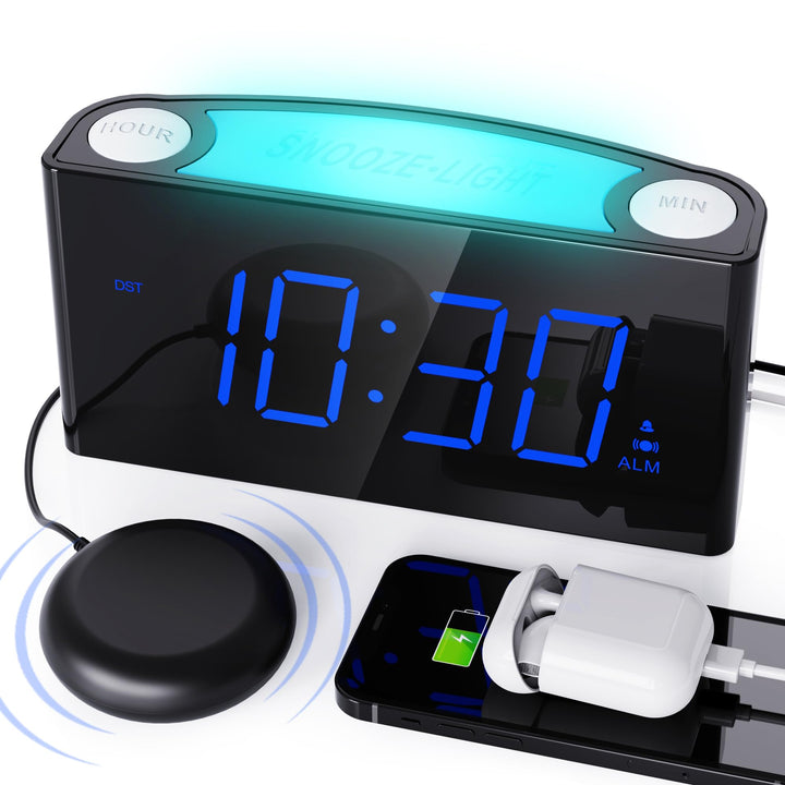 Vibrating Alarm Clock with Bed Shaker,Digital Bedroom Clock for Heavy Sleepers,Deaf Hearing Impaired Senior, 7 Night Light, Large LED Display,Dimmer, 2 USB Charger,12/24H/DST,Battery Backup