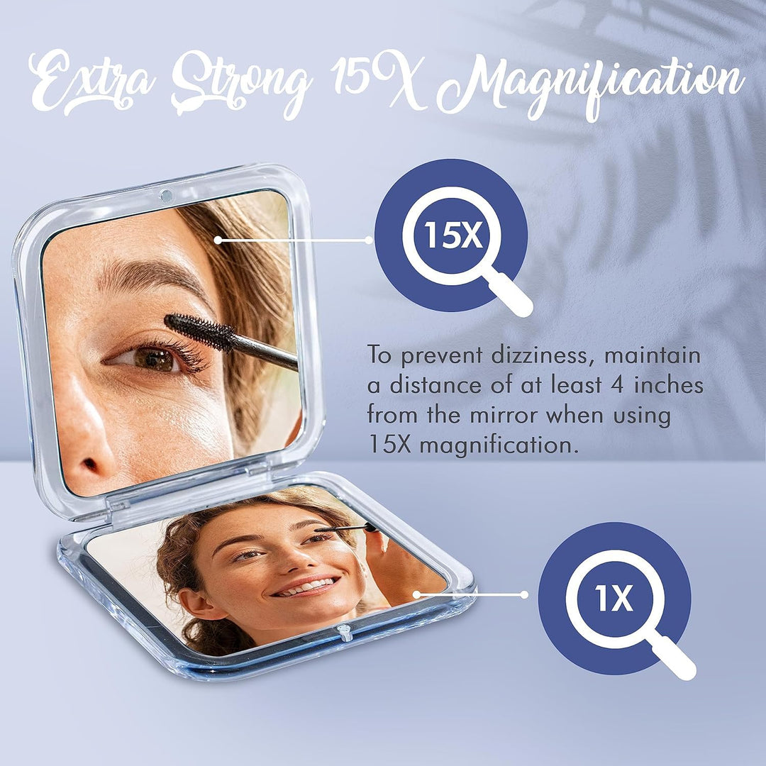 Small Compact 15X Magnifying Mirror for Travel - Handheld, Foldable & Lightweight - Mini Pocket-Sized Magnified Mirror for Purse - Square 3.3” x 3.3”