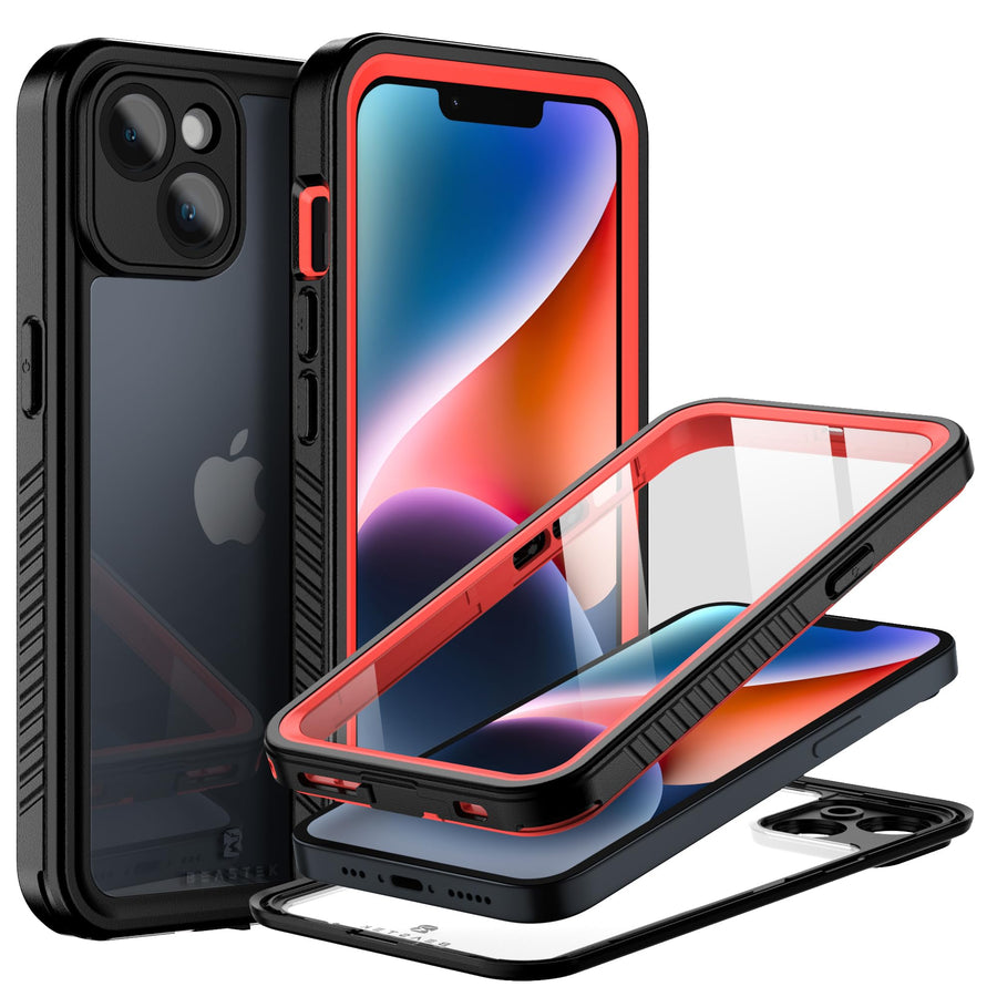 Waterproof Case for iPhone 14, IP68 Underwater Shockproof Dustproof Case, FSN Series with Built-in Screen Protector with Protective Crystal Clear Back Cover, for Apple iPhone 14 (6.1'') (Red)