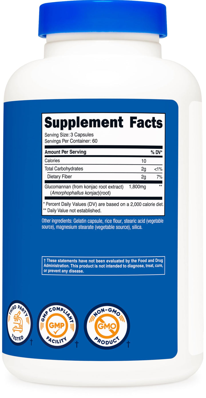 Glucomannan 1,800mg Per Serving, 180 Capsules - Natural Fiber Source, Non-GMO, Gluten Free