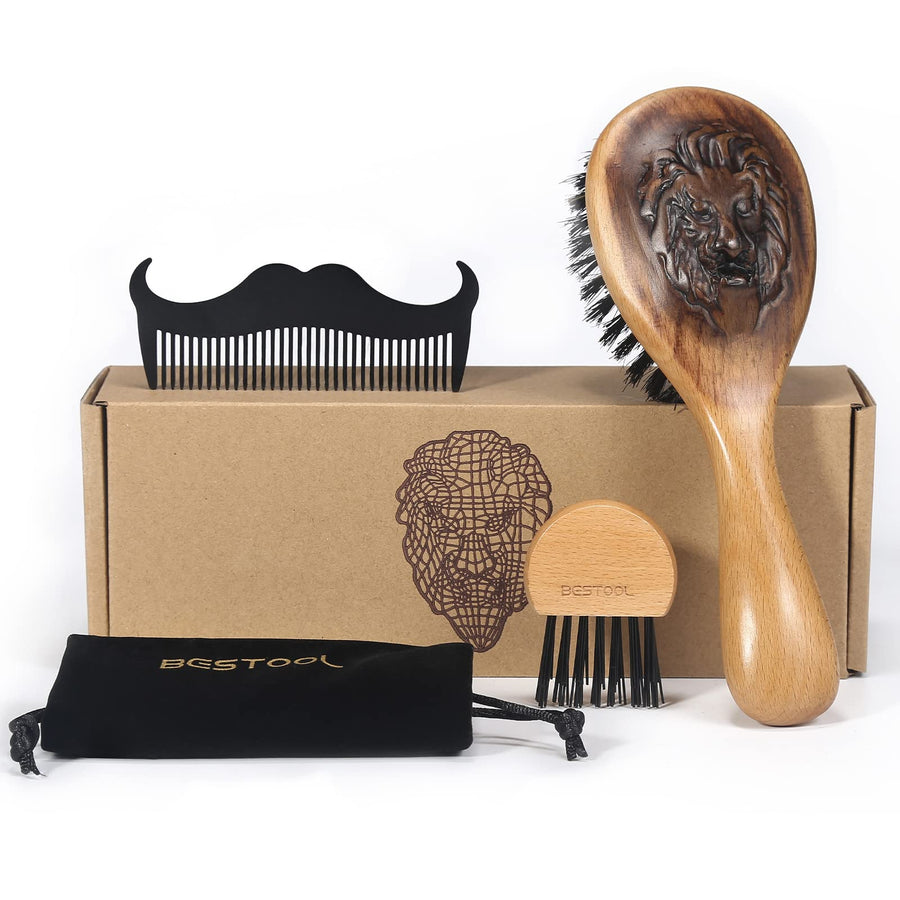 Beard Brush, 100% Boar Bristle Beard Brush and Comb Grooming Set for Men to Add Shine and Smooth Makes a Great Gift for Him