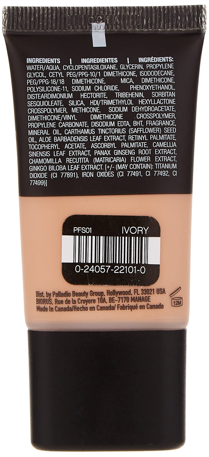 Powder Finish Liquid Foundation, Natural Matte Appearance, Reduces Fine Lines, Covers Large Pores, Hides Imperfections, All Day Wear, Sheer to Medium Coverage, Ivory