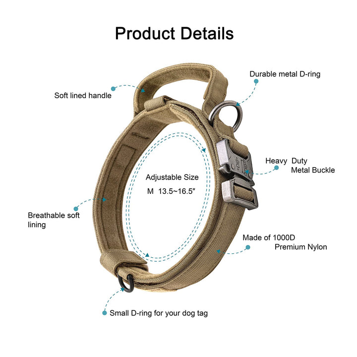 Tactical Dog Collar Adjustable Military Collar: - Nylon K9 Collars with Handle and Heavy Duty Metal Buckle for Medium Dogs with 3 Patches and Airtag Case Holder (M, Brown)