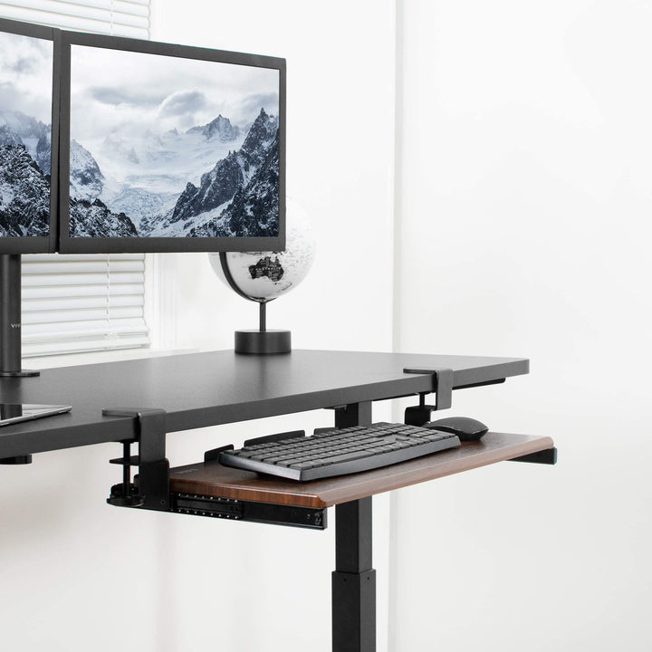 Large Clamp-on Computer Keyboard and Mouse Under Desk Slider Tray, 27 x 11 inch Pull Out Platform Drawer, Dark Wood, MOUNT-KB05D
