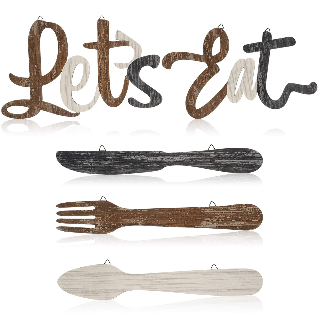 5 Pcs Let's Eat Sign Kitchen Wall Decor Fork Spoon Knife Kitchen Decor Sign Rustic Farmhouse Wooden Eat Sign for Kitchen Home Dining Room Bar Cafe Restaurant(Brown, Beige, Dark Gray)