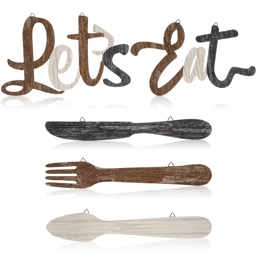 5 Pcs Let's Eat Sign Kitchen Wall Decor Fork Spoon Knife Kitchen Decor Sign Rustic Farmhouse Wooden Eat Sign for Kitchen Home Dining Room Bar Cafe Restaurant(Brown, Beige, Dark Gray)