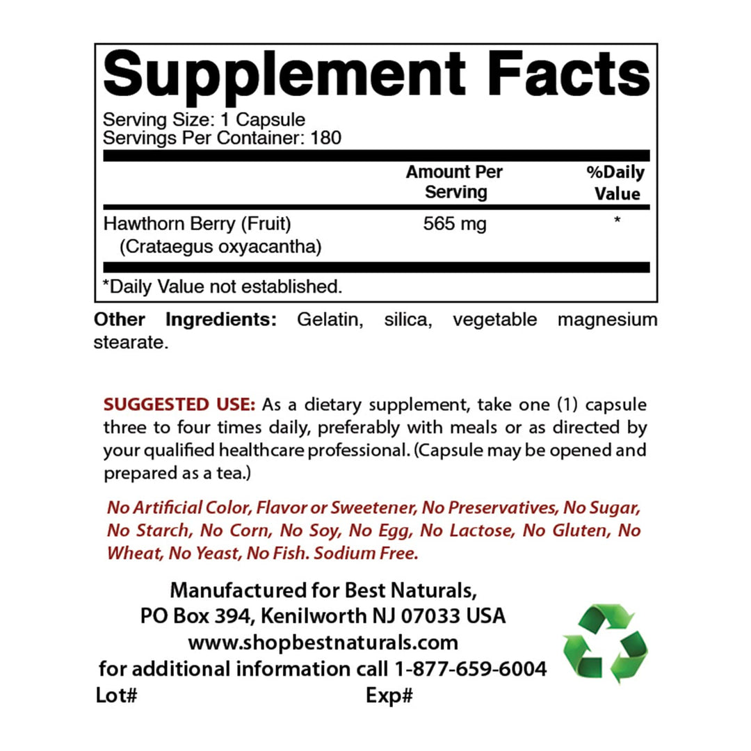 Hawthorn Berry 565 mg 180 Capsules (180 Count (Pack of 1))
