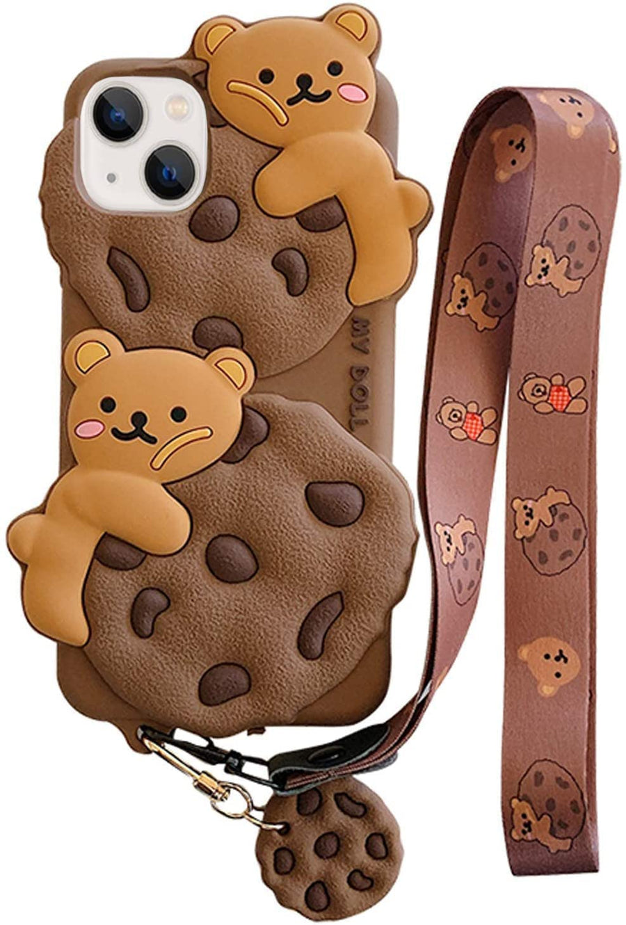 for iPhone 13 Pro Max Case Cookie Bear Kawaii Phone Cases,Cute Case with Strap Lanyard 3D Cartoon Bear Soft Silicone Protective Case Funny Women Girls for iPhone 13 Pro Max