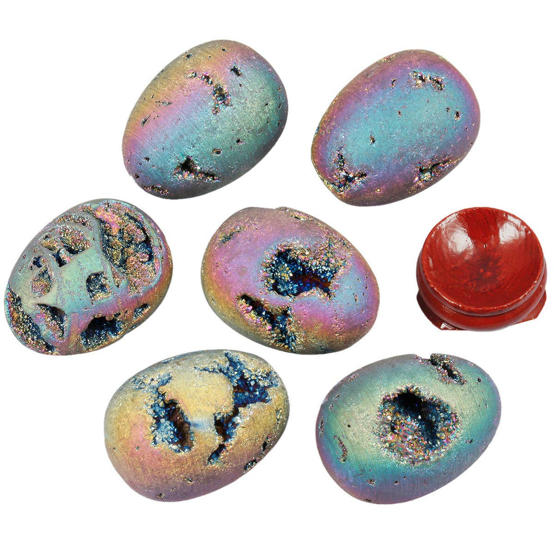 Druzy Agate Geode Gemstone Titanium Coated Aura Quartz Healing Crystal with Wood Stand Home Decoration,Egg Shape,Rainbow