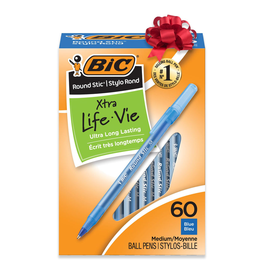 Round Stic Xtra Life Ballpoint Pens, Medium Point (1.0mm), Blue, Flexible Round Barrel For Writing Comfort, 60-Count