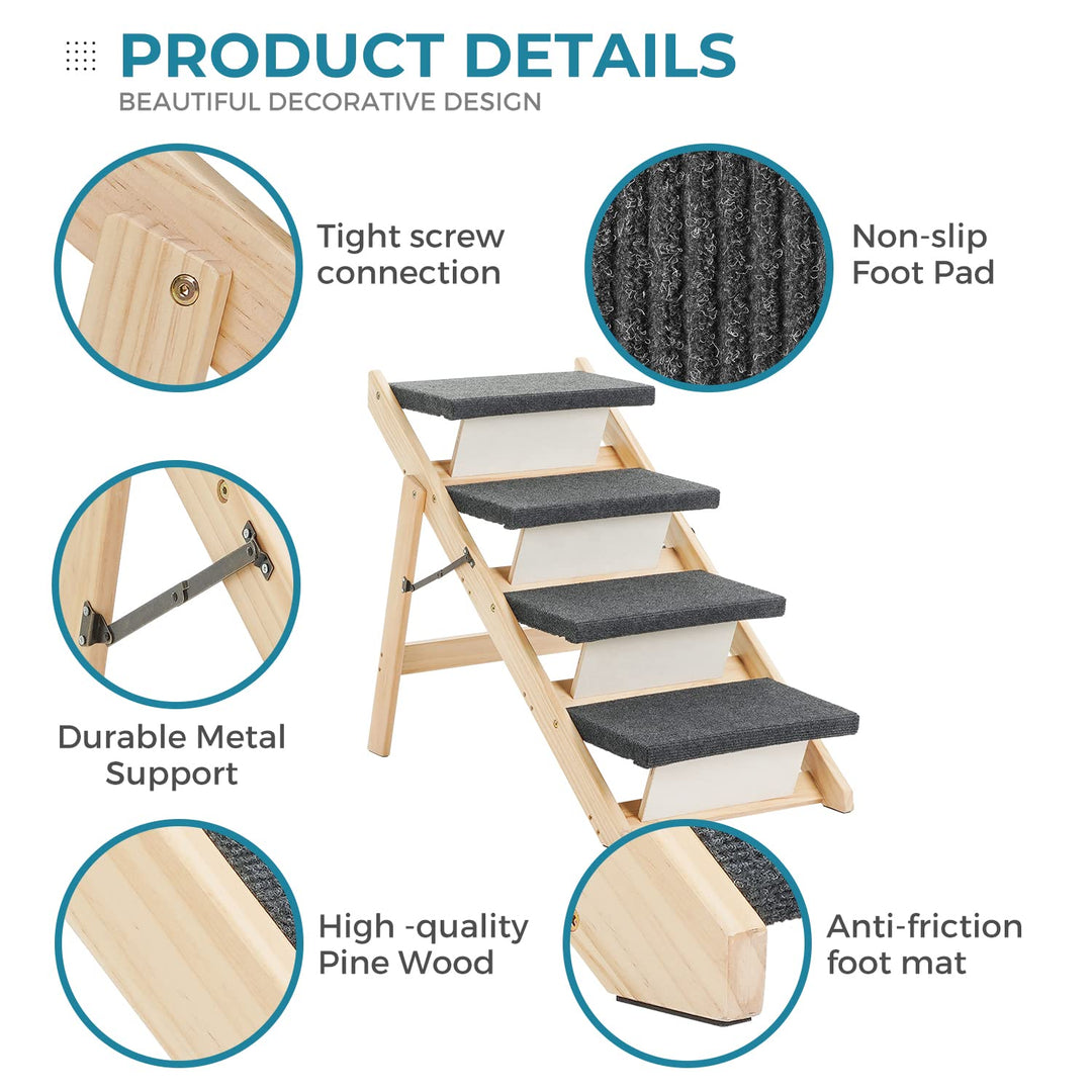 Wooden Dog Stairs/Steps - Foldable 4 Levels Pet Stairs & Ramp Perfect for Beds and Cars - Portable Dog/Cat Ladder Up to 110 Pounds