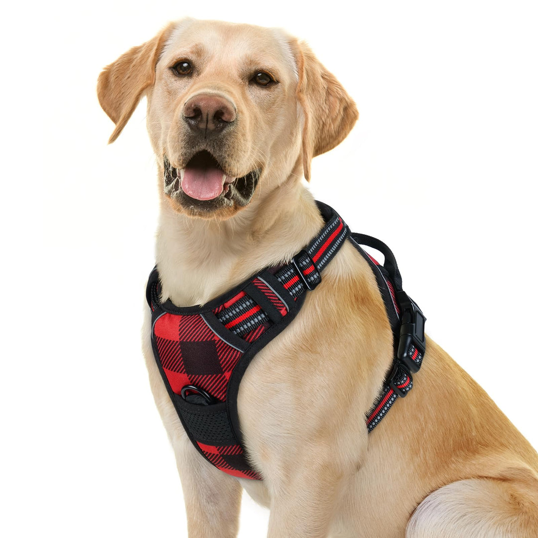 Dog Harness for Large Dogs No Pull, Comfortable Padded Plaid Dog Harness with Handle Easy Control, Adjustable Reflective Puppy Pet Harness Vest with 2 Leash Clips, Red Plaid, L