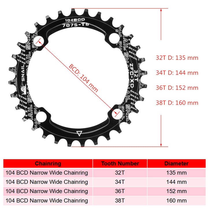 Chainring 104 BCD Chainring 32T Chainring Narrow Wide Single Chain Ring with 4 Pieces Sprocket Bolts for Road Bikes, Mountain Bikes, BMX MTB Bike(32T,Black)