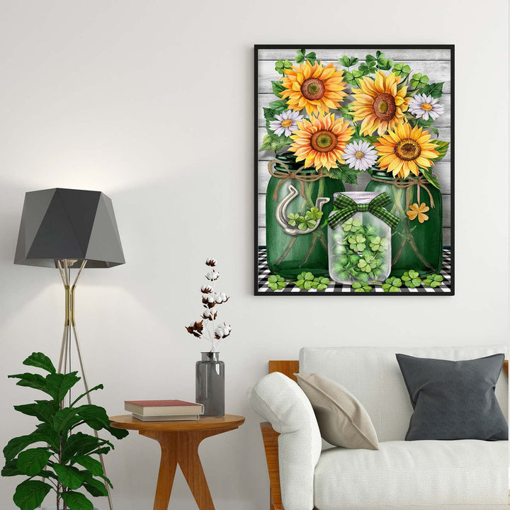 Diamond Painting Kits for Adults, Round Full Drill Diamond Painting Kits, 5D DIY Diamond Painting by Number Kits Diamond Art Kits for Decor 12x16 Inch Sunflowers Mason Jars St. Patrick's Day