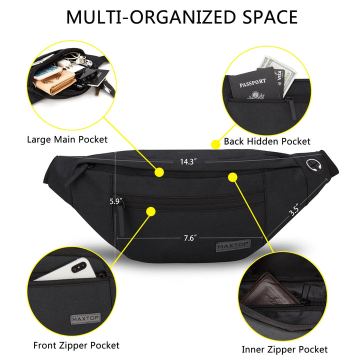 Large Crossbody Fanny Pack Belt Bag for Women Men with 4-Zipper Pockets Gifts for Sports Yoga Festival Workout Running Wallets Waist Pack Hands-Free Travel Essentials Fits All Phones,Black
