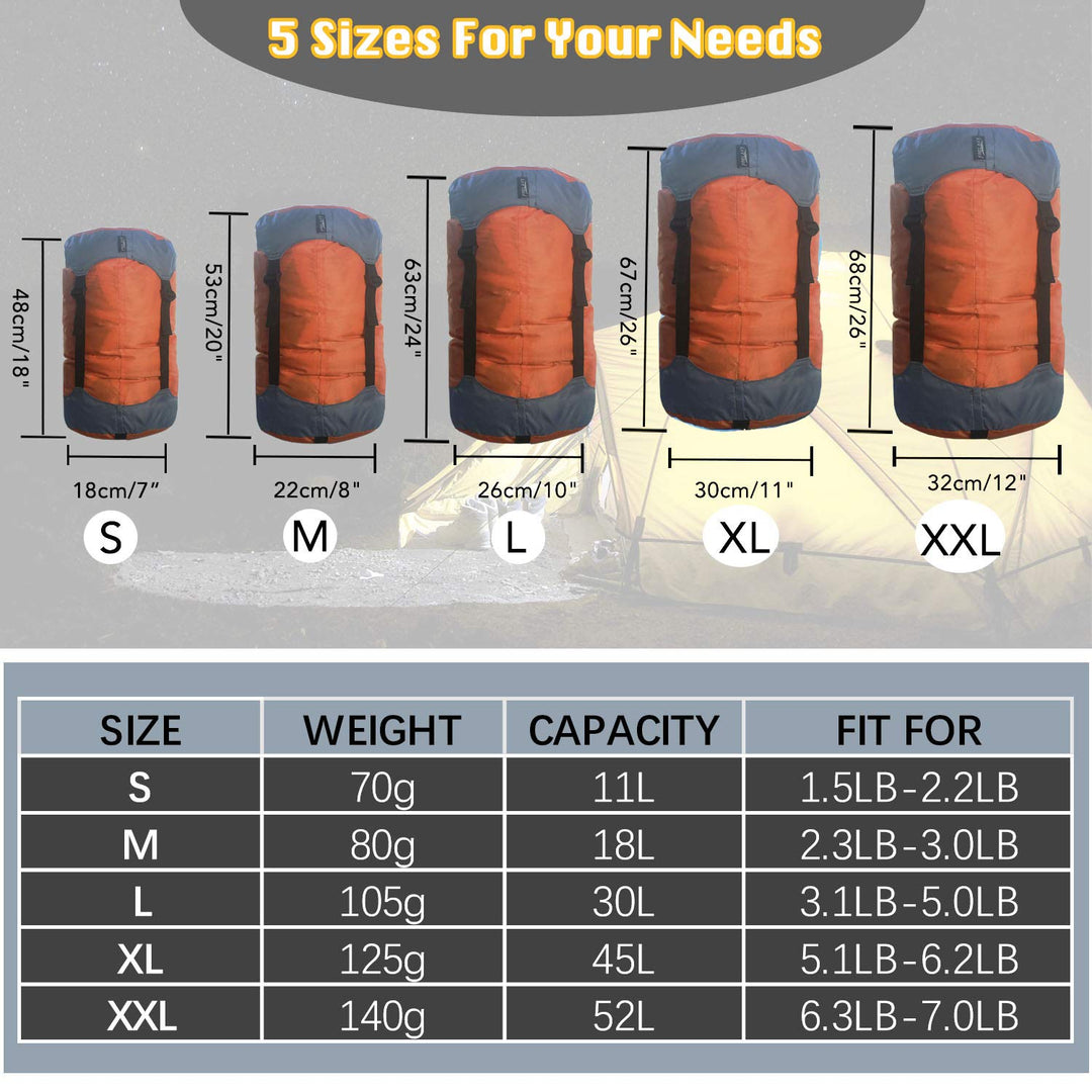 Compression Sack, Ultralight Sleeping Bag Stuff Sack, 40% More Storage! Compression Stuff Sack - Space Saving Gear for Camping, Hiking, Backpacking (Orange, L)