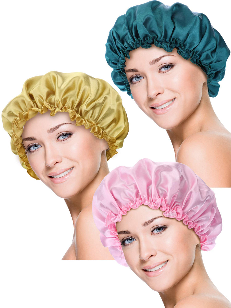 3 Pieces Sleep Cap Satin Bonnet Night Head Cover Sleeping Soft Hair Turbans for Women and Girls (Gold pink peacock blue)