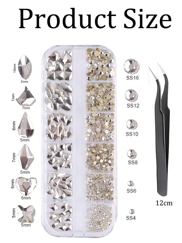 Crystals for Nail Art Rhinestones Flatback Nail Diamonds Gems 3D Nail Art Hearts Rhombus Round Shaped Rhinestones for Nails Crystals with Tweezers