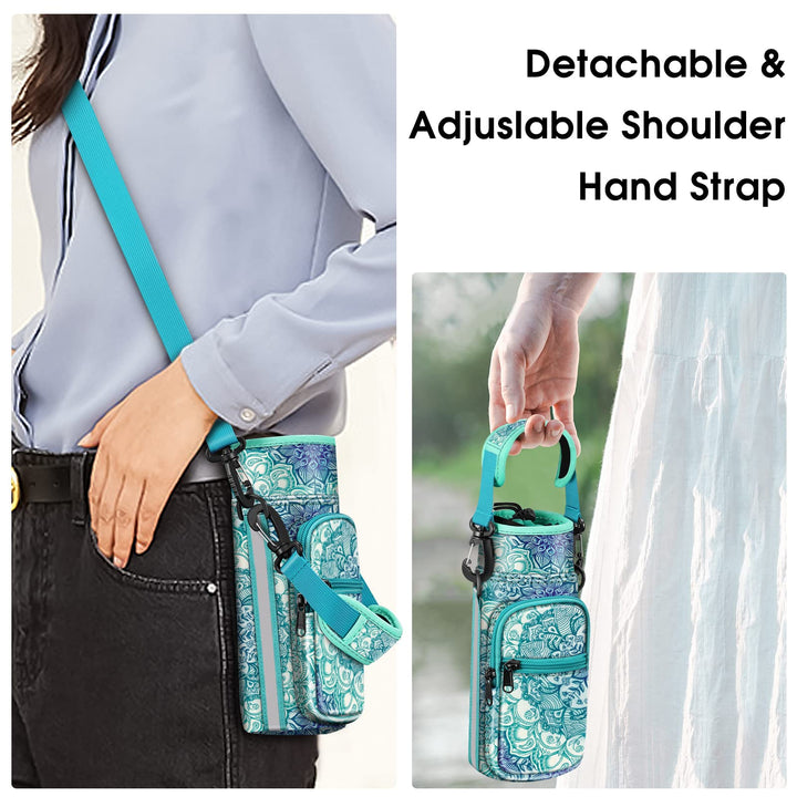 Water Bottle Carrier Bag Sling Case, Sports Water Bottle Pouch Holder Sleeve with Adjustable Shoulder Hand Strap and 2 Pockets for Men Women Hiking Camping Travelling