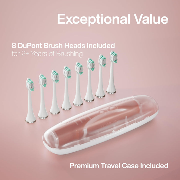 Vibe Series Ultra-Whitening Toothbrush – ADA Accepted Electric Toothbrush - 8 Brush Heads & Travel Case – 40,000 VPM Motor & Wireless Charging - 4 Modes w Smart Timer – Satin Rose Gold