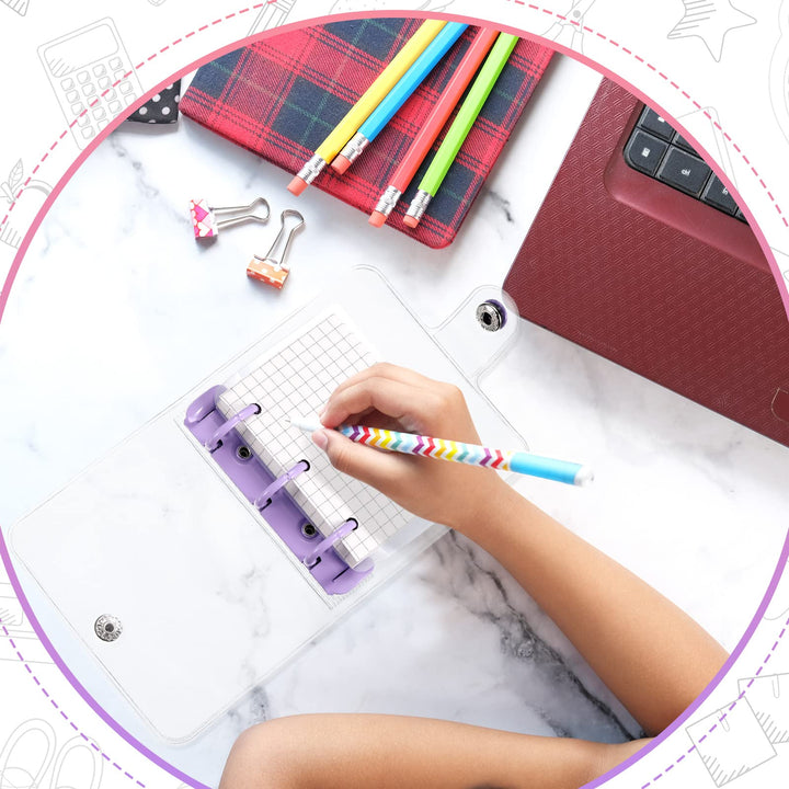 2 Sets Mini Transparent 3 Ring Binder Covers with Mini Binder Inner Paper Pockets Clear Soft PVC Notebook Closure Loose Leaf Folder Round Ring Binder Cover Protector with Snap Button (Pink, Purple)