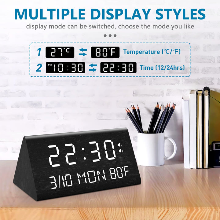 Wooden Digital Alarm Clock, 0-100% Dimmer, 2 Alarm Settings, Weekday/Everyday Mode, 9 Mins Snooze, 12/24H, Temperature and Date Display for Office, Travel, Bedroom Alarm Clock (Black)