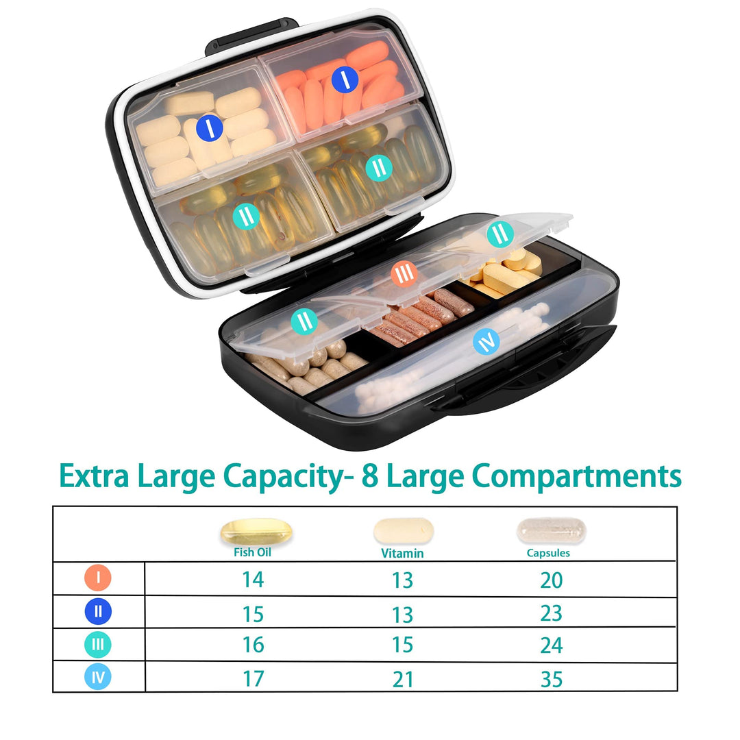 Travel Pill Organizer Large Portable Medication Oversize 8 Compartment Pill Box, Vitamin Travel Case Pill Holder - Airtight & Moistureproof (Black)