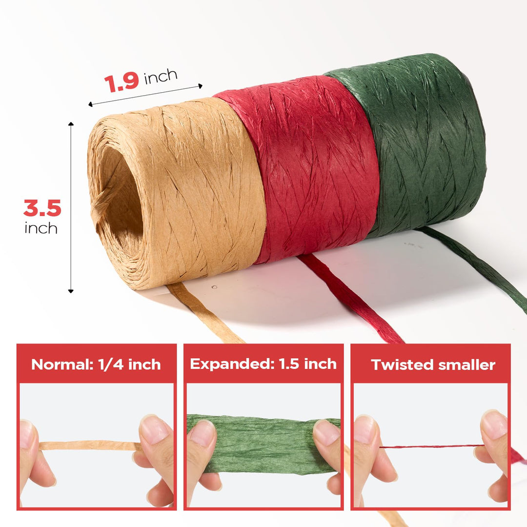 3 Roll Raffia Ribbon String, 984 Feet Christmas Gift Wrapping Raffia Paper String Ribbon Packing Paper Twine for Craft DIY Supply Christmas, 328Feet Each Roll