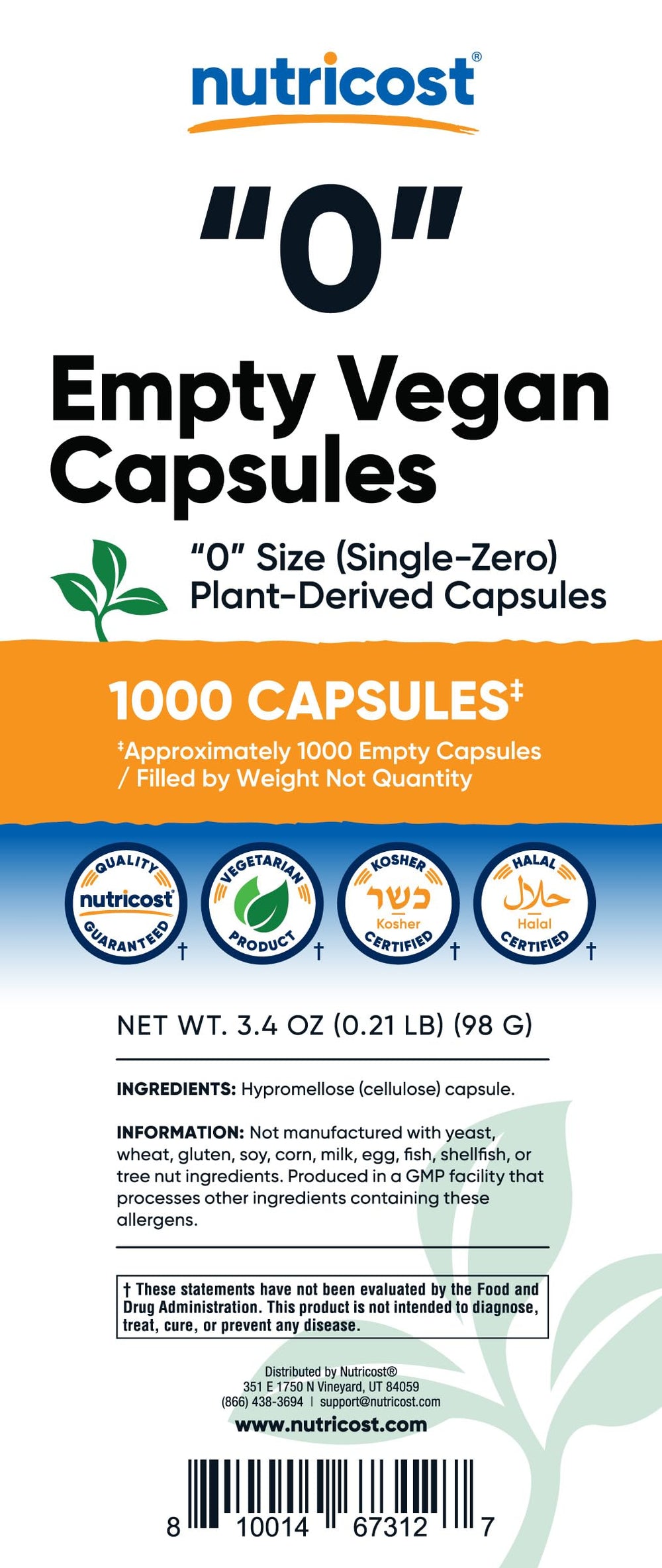 Empty Capsules Size 0 Vegan - 1,000 Clear Empty Plant-Based Capsules - Kosher Certified, Halal Certified, Non-GMO, Soy Free, Gluten Free, Vegetarian
