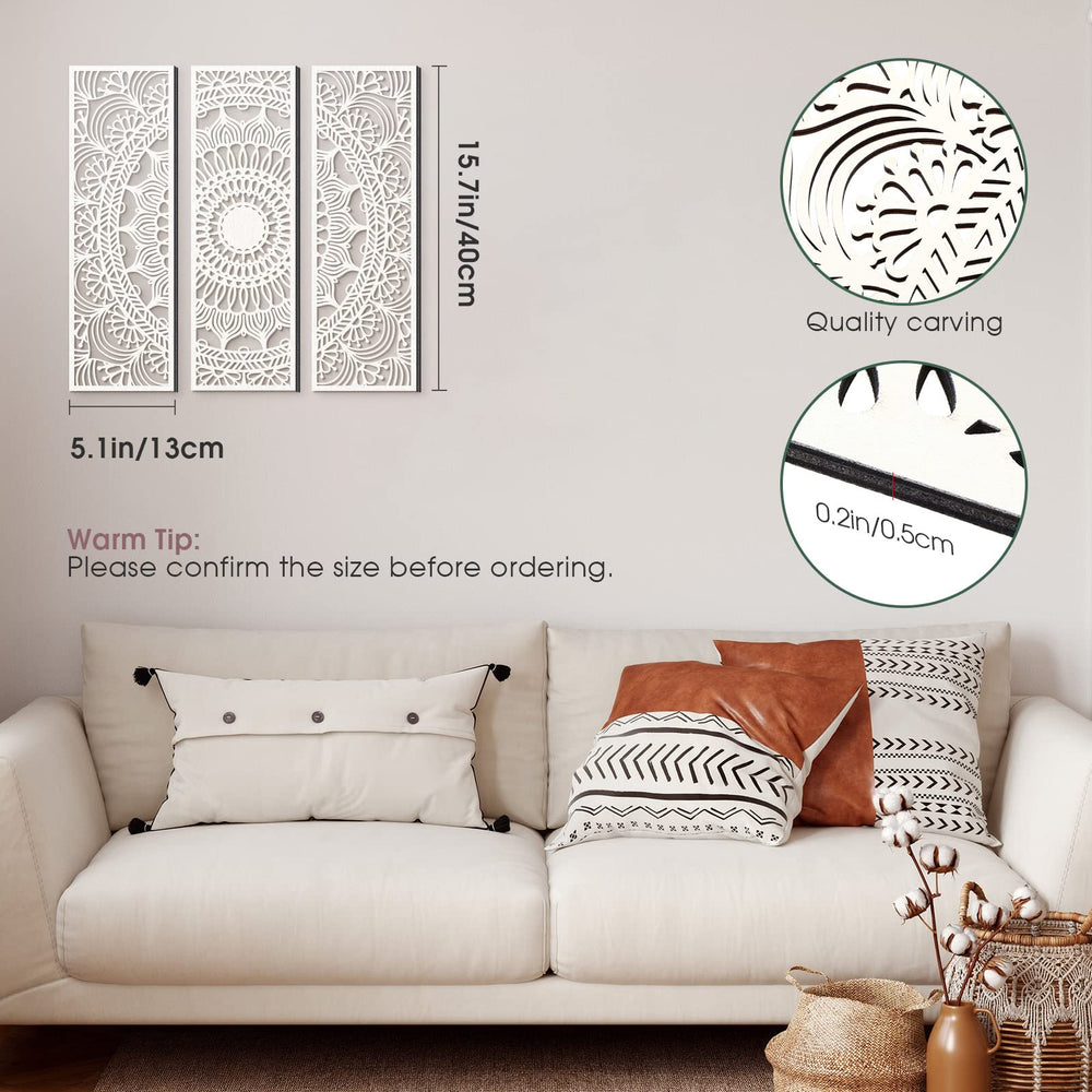 3pcs Mandala Wall Art Carved Wood Wall Art Floral Aesthetic Wooden Plaque Set Wood Carving Wall Decor Farmhouse Modern Cutout Wood Wall Plaque for Home Bathroom Decoration (White, 15.8 x 5.1 Inch)