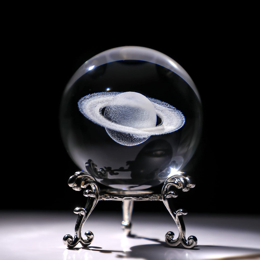 3D Glass Laser Saturn Crystal Ball with Stand 60mm Decorative Glass Ball Paperweights Space Decor for Home Astronomy Graducation Gift for Kids Boys