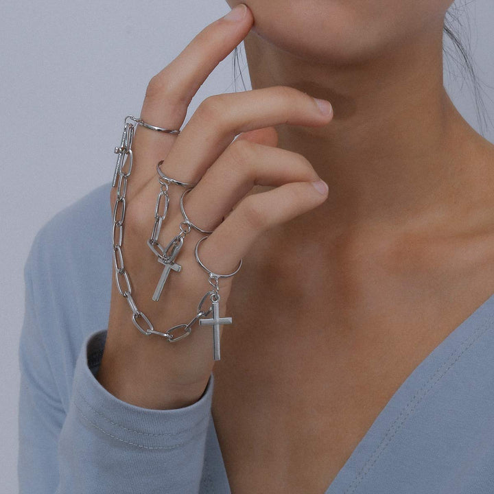 3Pcs Punk Cross Knuckle Ring with Chain Tassel Paperclip Link Chain Finger Ring Gothic Statement Ring Pack for Women Men