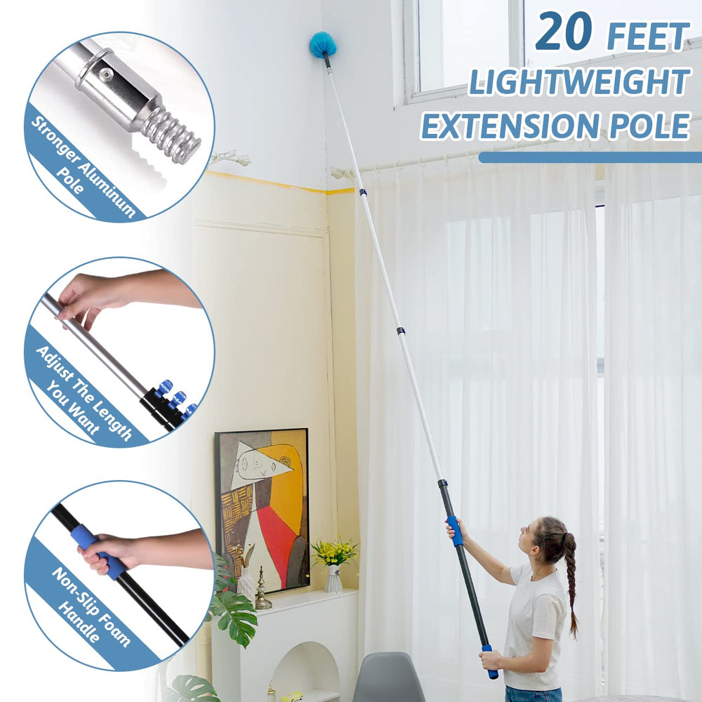 20 Foot Cobweb Duster with Extension Pole 2 PCS, Webster Cobweb Duster for High Ceilings/Corners, Spider Web Brush with Pole for Outdoor & Indoor Web Cleaning, Outdoor Cobweb Brush Kit
