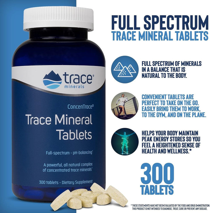 ConcenTrace Trace Mineral Tablets - Supplement for Bone & Joint Support - Aids Hydration & Electrolyte Restoration - 300 Tablets (100 Servings)