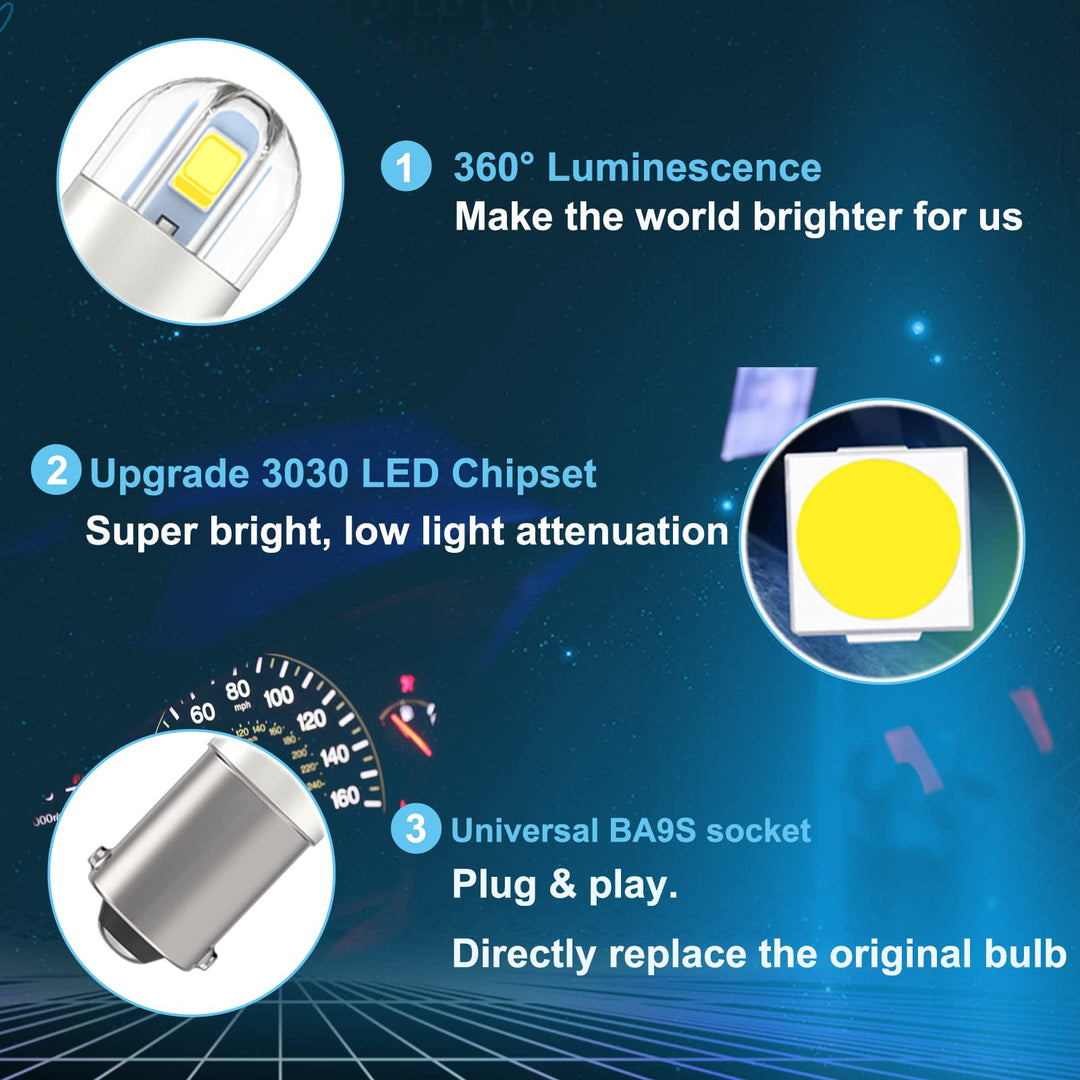 Shuyee Super Bright BA9S LED Car Bulbs, BA9 53 57 1895 64111 LED Lamp for Instrument Cluster Door Courtesy Map License Plate Light on RV Camper Trailer, Pack of 10