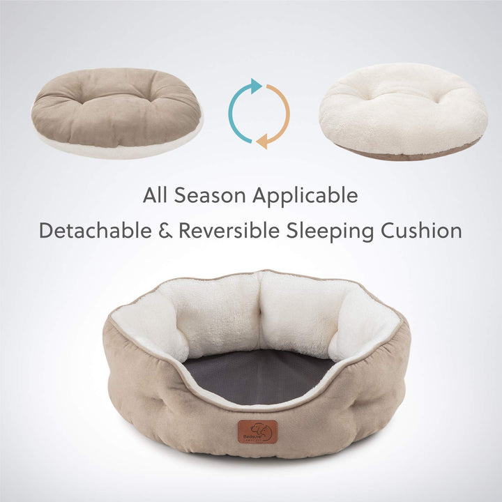 Dog Beds for Small Dogs - Round Cat Beds for Indoor Cats, Washable Pet Bed for Puppy and Kitten with Slip-Resistant Bottom, 20 Inches, Camel