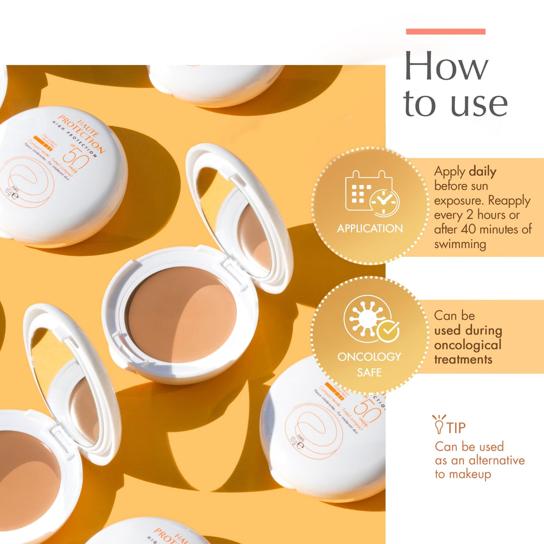 Eau Thermale Avene High Protection Beige Tinted Compact, Broad Spectrum SPF 50+, UVA/UVB Blue Light Protection, Water Resistant, Non-Greasy, 0.35 oz.