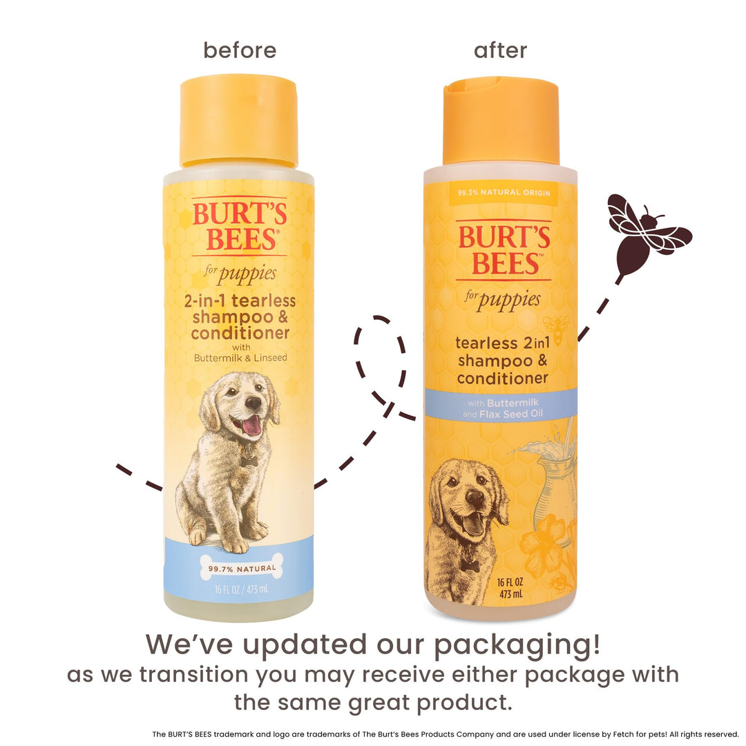 Burt's Bees for Pets Tearless Puppy 2-in-1 Shampoo and Conditioner with Buttermilk and Linseed Oil, 95% Natural Origin Formulas, Shampoo for Puppies - Gentle Puppy Shampoo Tear Free, 16 oz