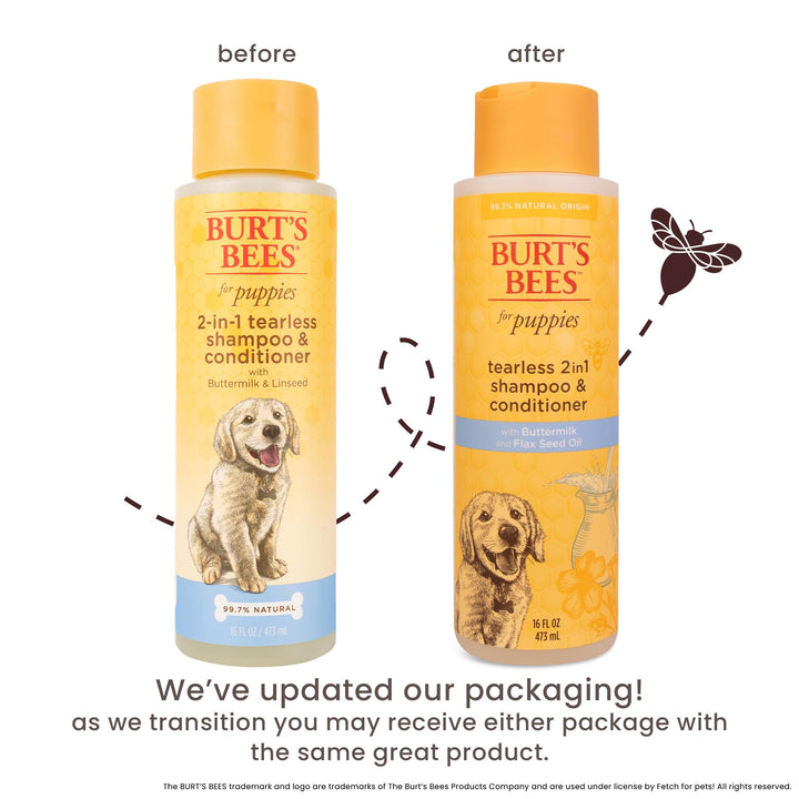 Burt's Bees for Pets Tearless Puppy 2-in-1 Shampoo and Conditioner with Buttermilk and Linseed Oil, 95% Natural Origin Formulas, Shampoo for Puppies - Gentle Puppy Shampoo Tear Free, 16 oz