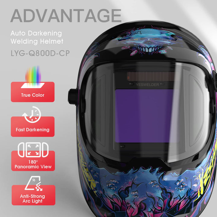 Large Viewing True Color Solar Powered Auto Darkening Welding Helmet with SIDE VIEW, 4 Arc Sensor Wide Shade 4/5-9/9-13 Welder Mask for TIG MIG ARC Grinding Plasma LYG-Q800D-CP