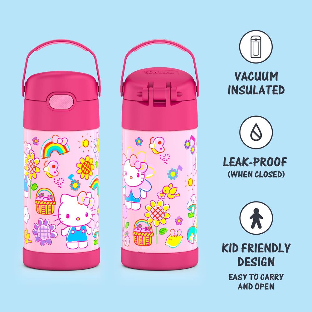 FUNTAINER 12 Ounce Stainless Steel Vacuum Insulated Kids Straw Bottle, Hello Kitty