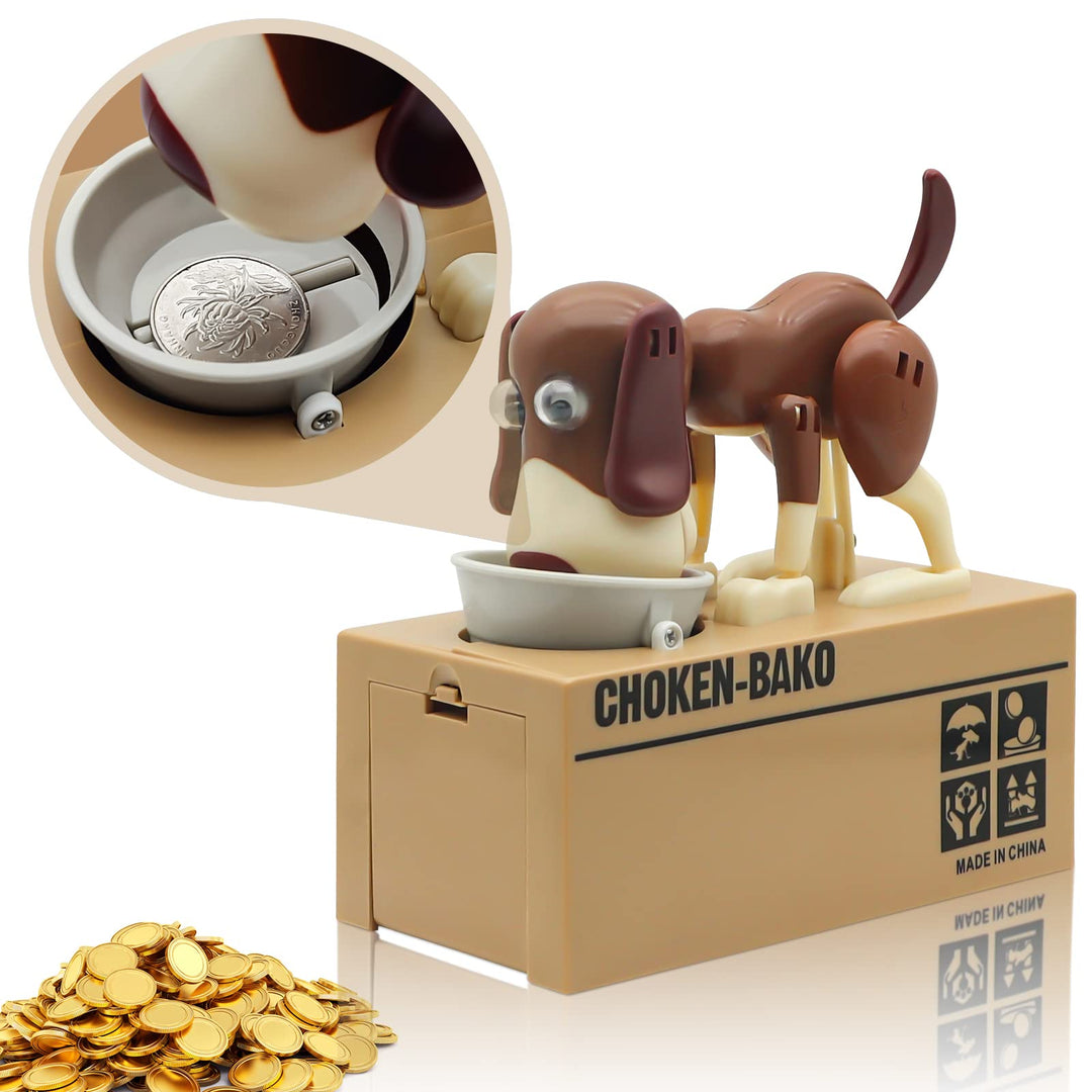Cute Dog Piggy Bank, Hungry Puppy Stealing Coins Like Magic Coin Munching Money Bank Birthday Gift for Kids (Brown)