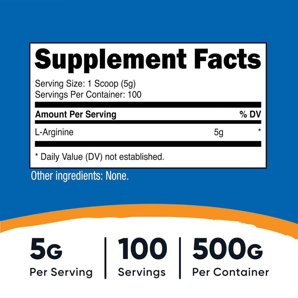 L-Arginine Powder 500 Grams (1.1lbs) - Pure L-Arginine Powder - 5000mg Per Serving; 100 Servings