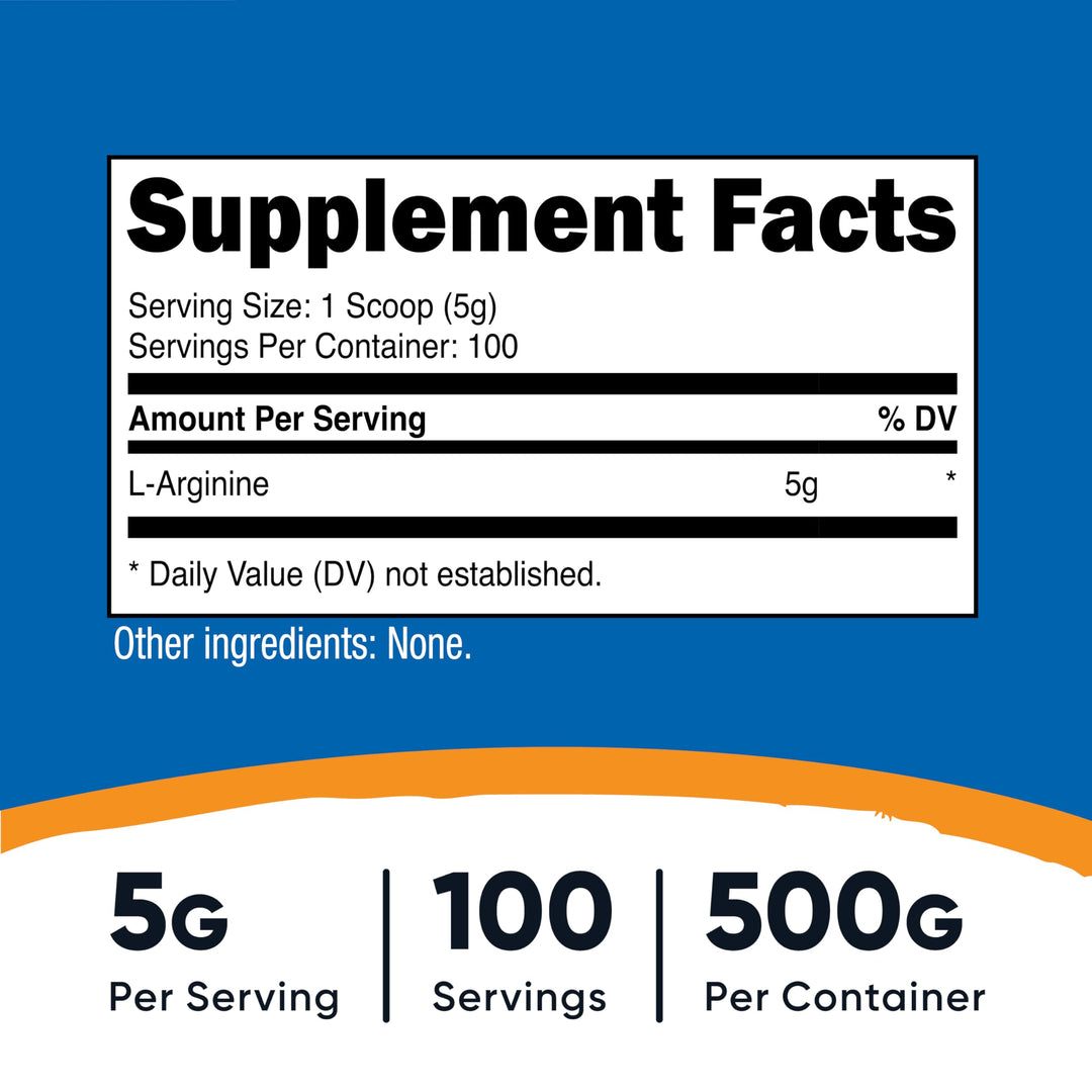L-Arginine Powder 500 Grams (1.1lbs) - Pure L-Arginine Powder - 5000mg Per Serving; 100 Servings